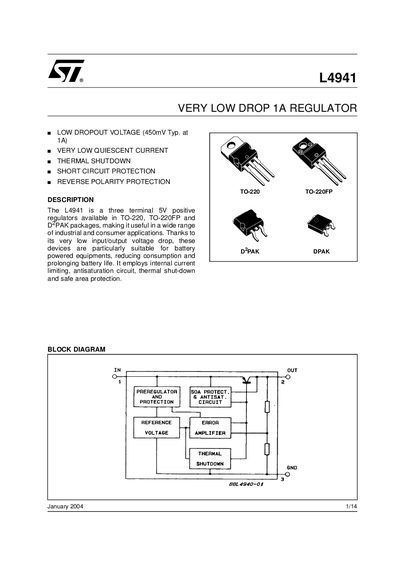 STMicroelectronics L4941 Very Low Drop 1A Regulator Datasheet - cover page