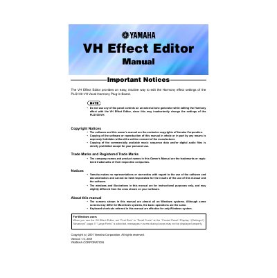 Yamaha VH Effect Editor Owner's Manual for PLG100-VH Vocal Harmony Plug-in Board - cover page