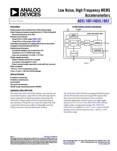 Analog Devices ADXL1001/ADXL1002 MEMS Accelerometer Data Sheet - cover page