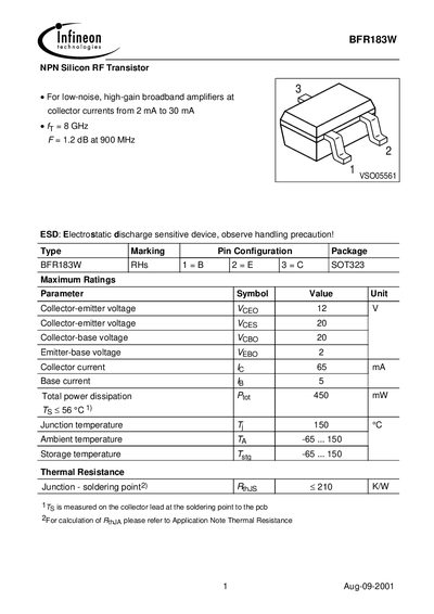 Infineon BFR183W NPN Silicon RF Transistor Datasheet - cover page