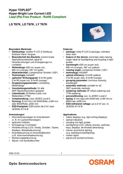 OSRAM LS T67K / LO T67K / LY T67K LED Datasheet