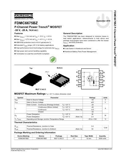 Fairchild FDMC6675BZ P-Channel Power Trench MOSFET Datasheet - cover page