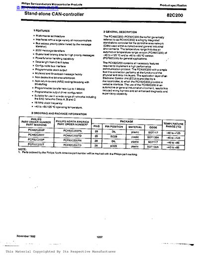 Philips 82C200 Stand-Alone CAN-Controller Product Specification