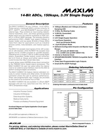 Maxim MAX1144/MAX1145 14‑Bit ADC Datasheet - cover page