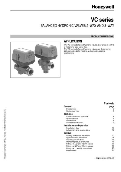 Honeywell VC Series Hydronic Valve Product Handbook - cover page