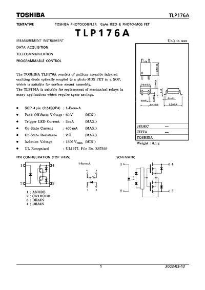 Toshiba TLP176A Photocoupler Datasheet - cover page