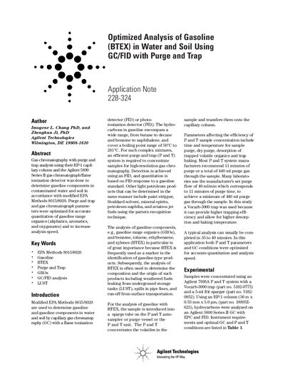 Agilent 5890 Series II Optimized Analysis of Gasoline BTEX in Water Soil Using GC/FID with Purge Trap Application Note