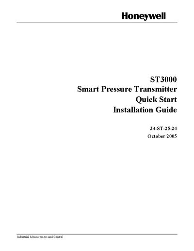 Honeywell ST3000 Smart Pressure Transmitter Quick Start Installation Guide