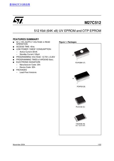 ST M27C512 512 Kbit (64K x8) UV EPROM OTP EPROM handbook - cover page