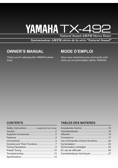 Yamaha TX-492 Natural Sound AM/FM Stereo Tuner Owner's Manual - cover page