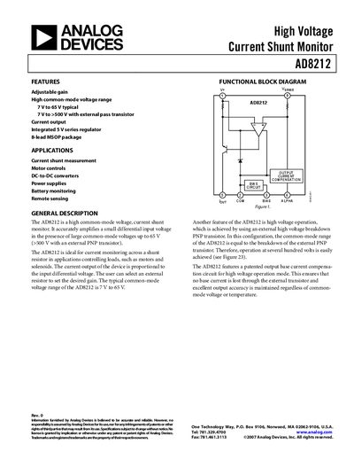 Analog Devices AD8212 High Voltage Current Shunt Monitor Datasheet - cover page