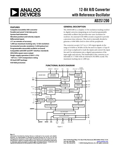 Analog Devices AD2S1200 12‑Bit Resolver‑to‑Digital Converter Datasheet - cover page