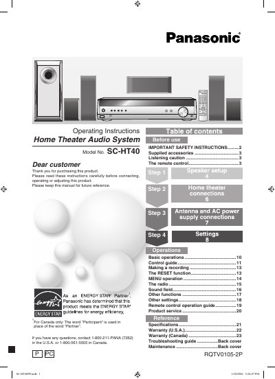 Panasonic SC-HT40 Home Theater Audio System Operating Instructions