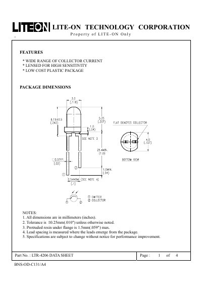 LITE-ON LTR-4206 Phototransistor Data Sheet - cover page