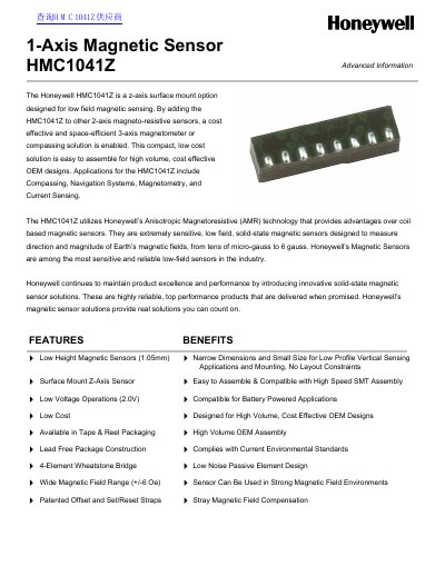 Honeywell HMC1041Z One-Axis Magnetic Sensor Datasheet - cover page
