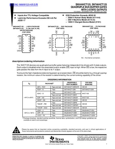 TEXAS INSTRUMENTS SN54AHCT125 SN74AHCT125 QUADRUPLE BUS BUFFER GATES WITH 3-STATE OUTPUTS Data Sheet - cover page