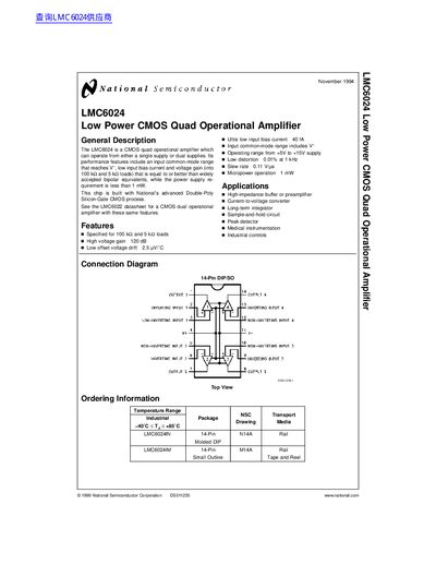 National Semiconductor LMC6024 Low Power CMOS Quad Operational Amplifier Datasheet - cover page