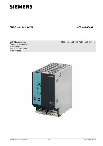 Siemens SITOP 6EP1436-3BA01 24V/20A Power Supply Operating Instructions - cover page