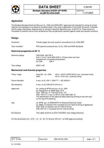 LAPP 4160100 Multiple Standard Hook Up Wire Datasheet - cover page