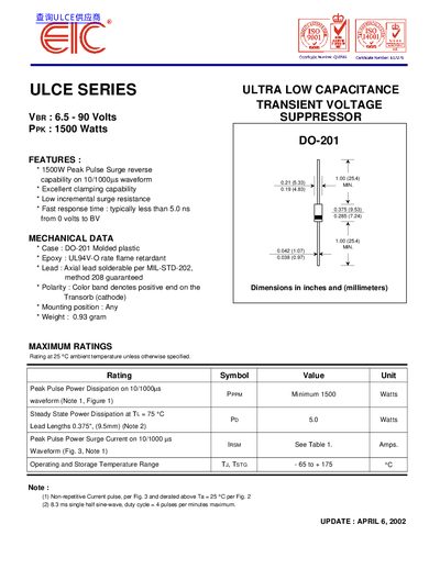 EIC ULCE Series Ultra Low Capacitance Transient Voltage Suppressor Datasheet - cover page