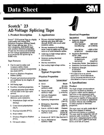 3M Scotch 23 Electrical Tape Data Sheet - cover page