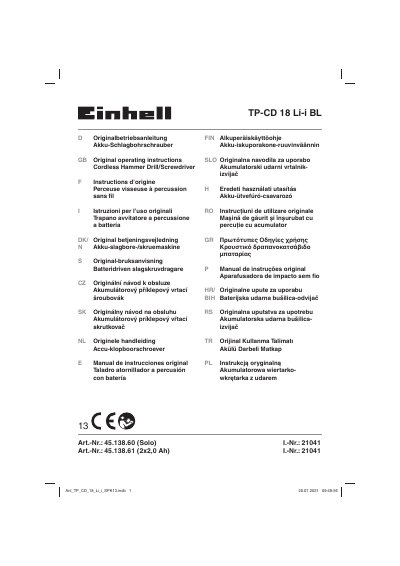 TP TP-CD 18 Li-i Cordless Hammer Drill/Screwdriver User Manual