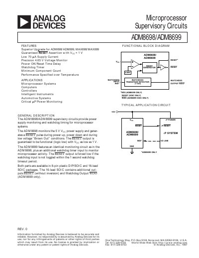 Analog Devices ADM8698/ADM8699 Microprocessor Supervisory Circuit Datasheet