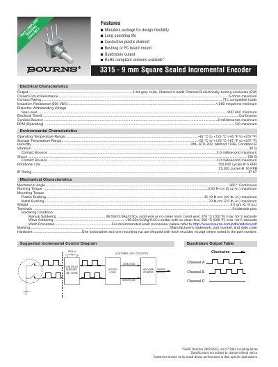 Bourns 3315 Series 9 mm Square Sealed Incremental Encoder Datasheet - cover page