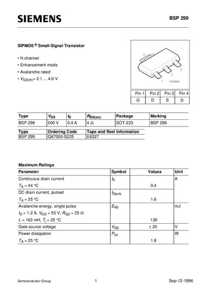 Siemens BSP 299 Small-Signal Transistor Datasheet - cover page