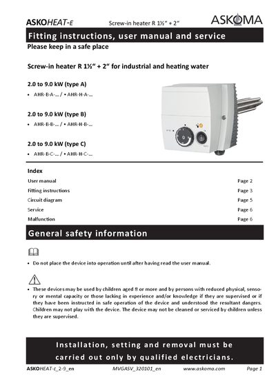 ASKO R 1½“ + 2“ Screw-in Heater User Manual - cover page