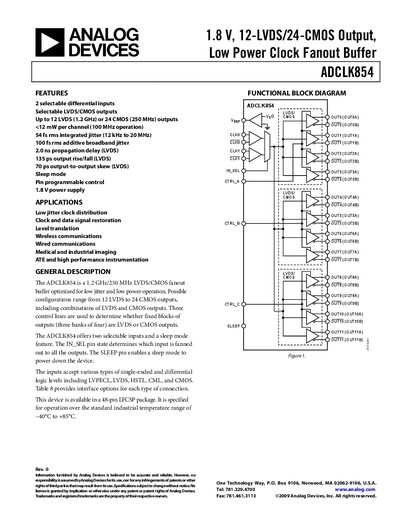Analog Devices ADCLK854 Clock Fanout Buffer Datasheet - cover page