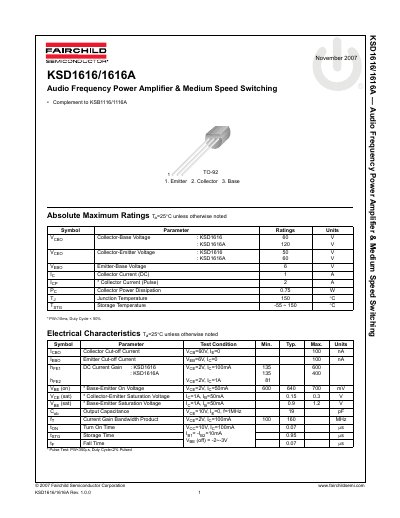Fairchild KSD1616/1616A Audio Frequency Power Amplifier Datasheet - cover page