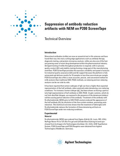 Agilent P200 ScreenTape Suppression of Antibody Reduction Artifacts Technical Overview