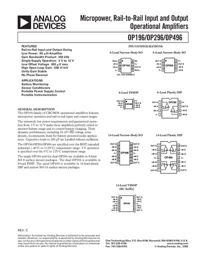 Analog Devices OP196/OP296/OP496 Datasheet - cover page
