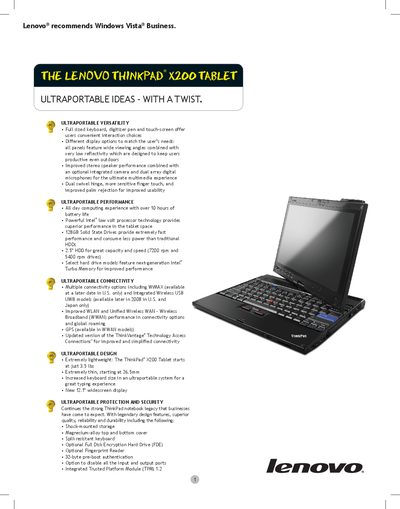 Lenovo ThinkPad X200 Tablet Product Overview - cover page