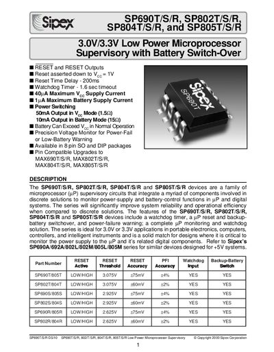 Sipex SP690T/S/R, SP802T/S/R, SP804T/S/R, SP805T/S/R Low Power Microprocessor Supervisory Datasheet - cover page
