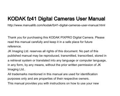 Kodak fz41 Digital Camera User Manual