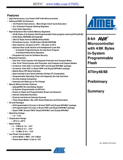 Atmel ATtiny48/88 Datasheet - cover page