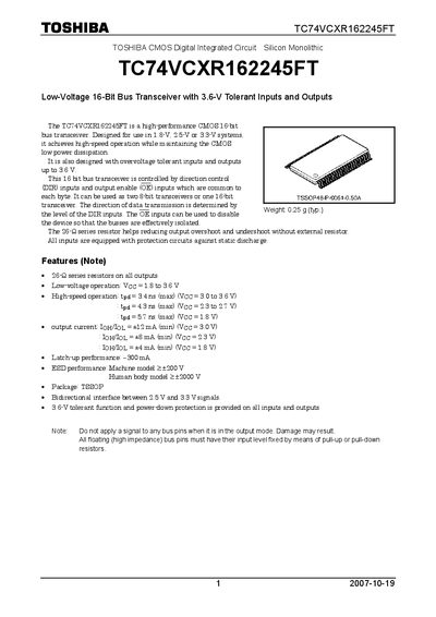 Toshiba TC74VCXR162245FT 16‑Bit Bus Transceiver Datasheet - cover page