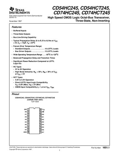 Texas Instruments CD54HC245 / CD54HCT245 / CD74HC245 / CD74HCT245 Datasheet - cover page