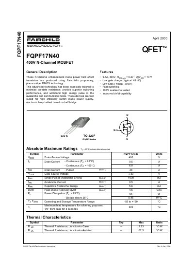 Fairchild FQPF17N40 N-Channel MOSFET Datasheet - cover page
