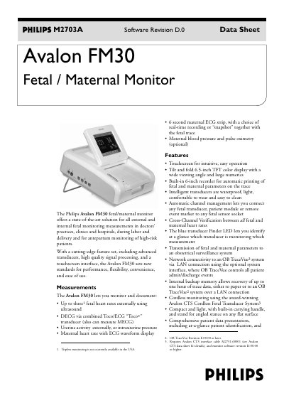 Philips Avalon FM30 Fetal/Maternal Monitor Data Sheet - cover page