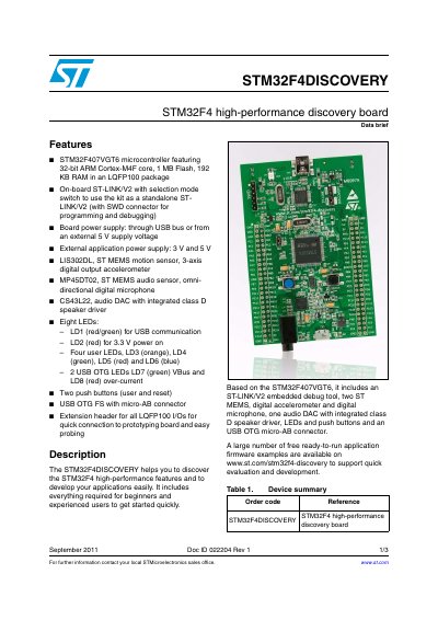 STMicroelectronics STM32F4DISCOVERY Discovery Board Data Brief