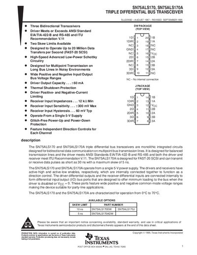 Texas Instruments SN75ALS170/ SN75ALS170A Triple Differential Bus Transceiver Datasheet - cover page