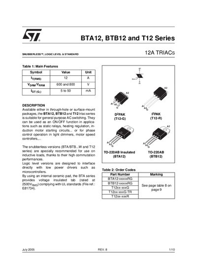 STMicroelectronics BTA12/BTB12/T12 Series Datasheet - cover page