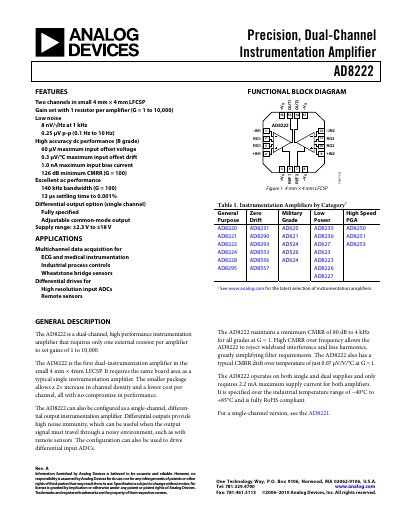 Analog Devices AD8222 Precision Dual-Channel Instrumentation Amplifier Datasheet - cover page