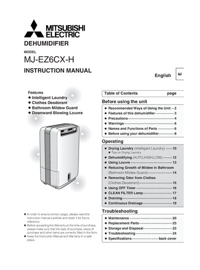 Mitsubishi Electric MJ-EZ6CX-H Dehumidifier Instruction Manual - cover page