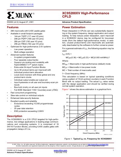 Xilinx XC95288XV High-Performance CPLD Advance Product Specification - cover page