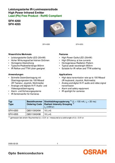 OSRAM SFH 4200 / SFH 4205 Infrared Emitter Datasheet - cover page