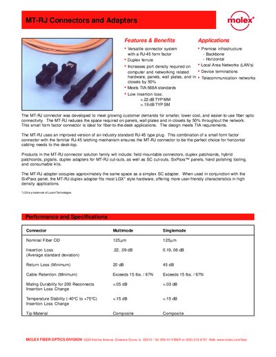 molex MT-RJ Connectors Adapters handbook - cover page